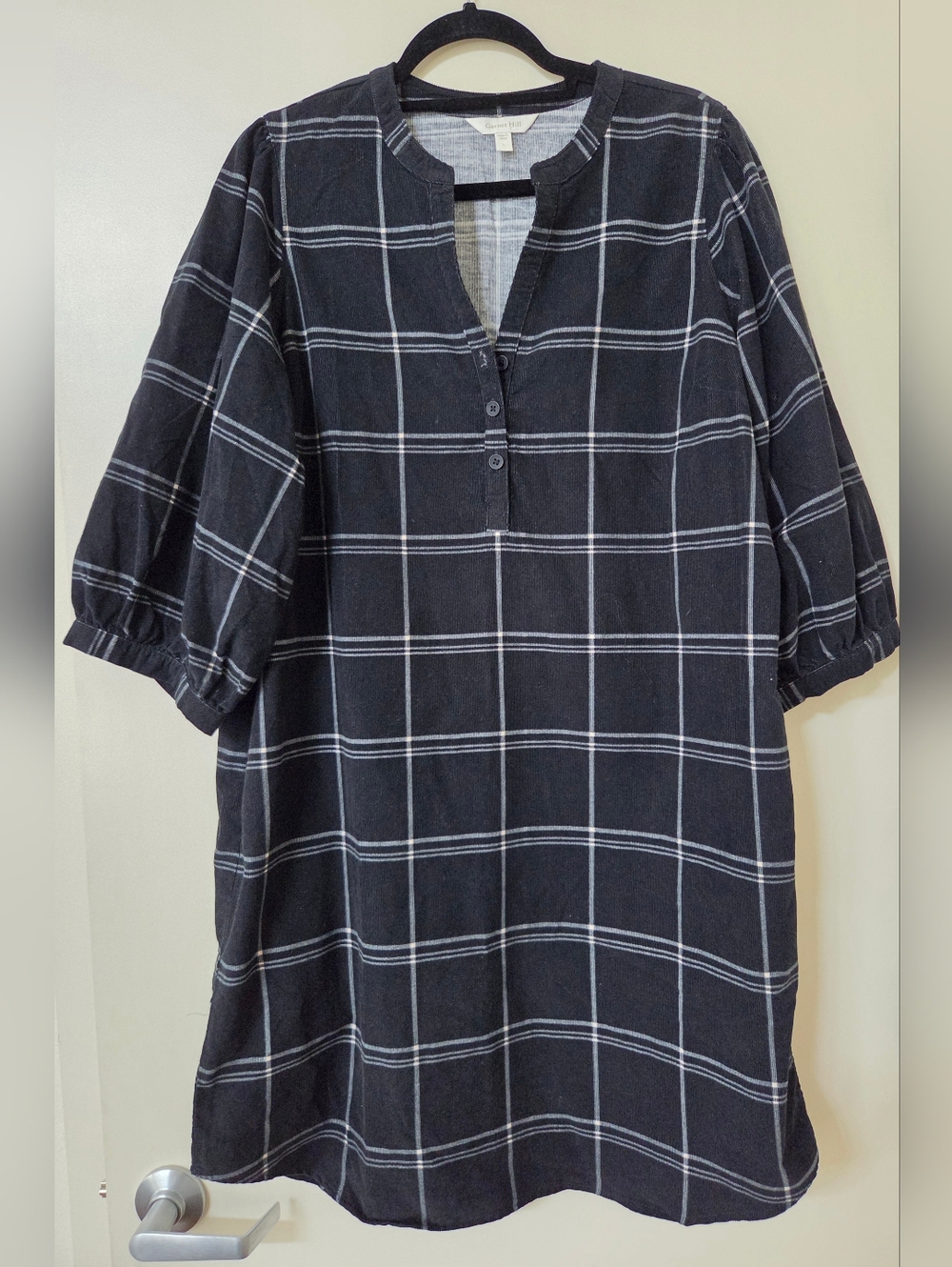 Garnet Hill Feather-Wale Corduroy Shift Dress Black Plaid Long Sleeve Dress